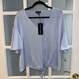 Women’s Modern Works Ruffle Sleeve Blouse Office Size L Blue Silky Tie Front NEW